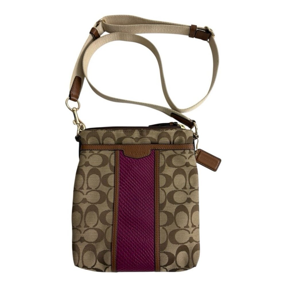 COACH Signature Pink Snake Print crossbody Khaki Brown Gold Hardware Adjustable